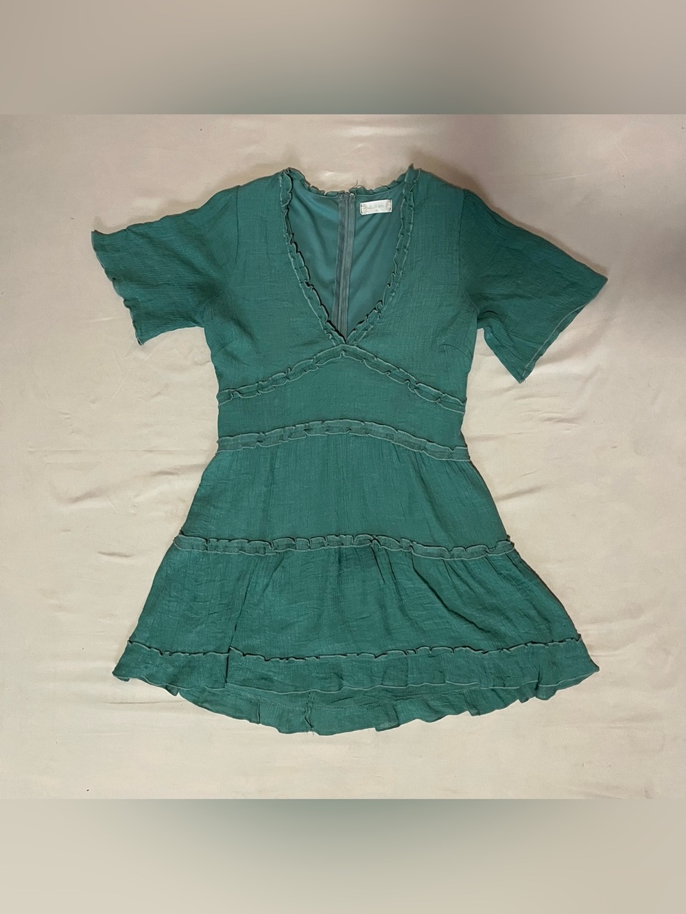 Altar’d State Green Tiered Ruffle Mini Dress Size Medium V-Neck Boho